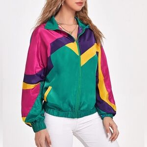 SweatyRocks Women's Colorblock Zip Up Long Sleeve Collar Windbreaker Jacket Coat